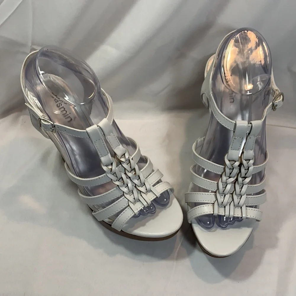 Jasmin White Wedge Strappy Sandal.